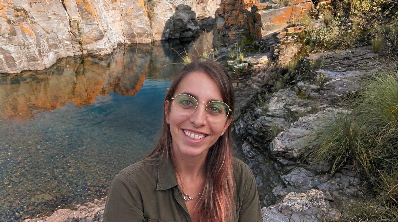 Tami Fabbroni sonriendo junto a un arroyo entre las sierras